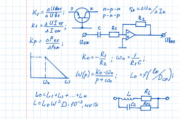Electronic engineering, physics, mathematics equation and calculations, endless hand writing. Vector notebook page. University notation. Education background.