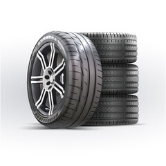 Car wheels set. New tires pile isolated on white. Wheel car, Car tire, Aluminum wheels isolated on white background. Group of tires. High detail vector. - obrazy, fototapety, plakaty