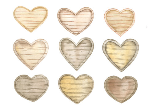 Watercolor Wooden Hearts clipart Hand darwing illustration