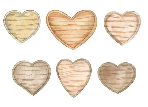 Watercolor Wooden Hearts clipart Hand darwing illustration
