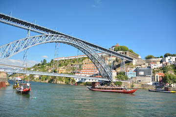 Fototapeta na wymiar Luís I Bridge, sunny day, blue sky - Porto, Portugal