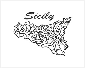 Doodle Sicily map. Eco design. Coloring page book. Hand drawing line art. Sketch vector stock illustration. EPS 10