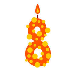 A vector candle in the shape of the number 8 on a white background is isolated. Illustration of candles on birthday