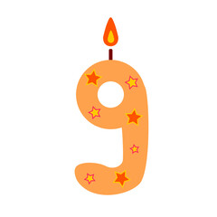 Vector candle in the shape of the number 9. A festive candle on a white background in honor of the birthday. The number nine is sand-colored with stars