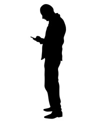 Man in a business suit is talking on a cell phone. Isolated silhouettes on a white background