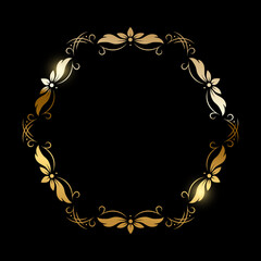 Gold flower pattern circle frame on black background. Round floral decorative golden ornament border vector illustration. Simple vintage card for wedding celebration invitation