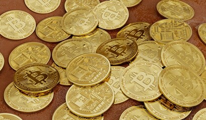 Several bitcoins together on fabric