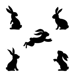 Set of different bunnies silhouettes for design use. Silhouettes of rabbits isolated on a white background.