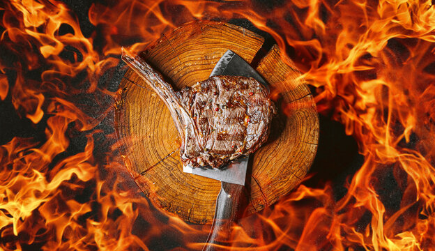 grilled cowboy beef steak on a dark background. expensive marbled beef of the highest grade fried to rare on the grill