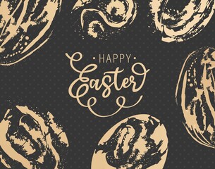 Happy Easter celebration card lettering art background with holiday symbol hand drawn easter egg.Design template cover, greeting card for business partners ,banner.Vector illustration isolated eggs.