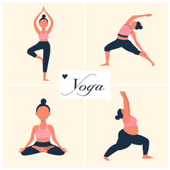 woman of yoga positions on pastel background. flat vector isolated image