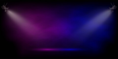 Stage in pink and blue fog spotlight. Light fom projectors lighting scene on black background. Interior fashion design vector illustration. Empty minimal colorful lighting