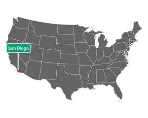 Landkarte der USA mit Orstsschild San Diego