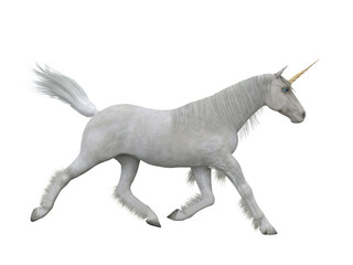 Obraz na płótnie Canvas White unicorn cantering. Fairytale creature 3d illustration isolated on white background.