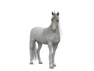 White unicorn standing facing the camera. Fairytale creature 3d illustration isolated on white background. © IG Digital Arts