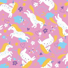 Childish seamless pattern with unicorns. vector pattern with white unicorns on a pink background