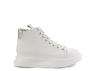 High ankle casual white leather trainers. White lacing, a zipper on side, silver details and white rubber soles. Isolated close-up on white background. Right side view. Fashion shoes.