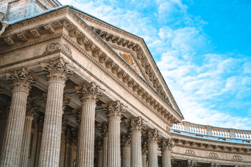 Panorama of the Kazan Cathedral in Saint Petersburg against the blue sky, postcard view of the attraction