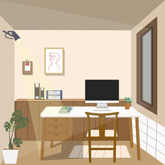 Workplace with Computer, book, tree pot, on table and brown wooden chair, furniture built-in and wood frame decorative, wall is cream color Minimalist Japanese interior design Flat illustration vector