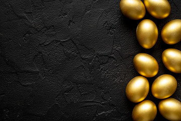 Set of golden eggs with space for text. Easter decoration. Overhead view