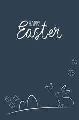 Silhouettes of Easter bunnies on a dark background. Easter card is drawn with lines.