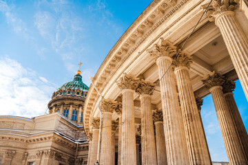 Panorama of the Kazan Cathedral in Saint Petersburg against the blue sky, postcard view of the attraction