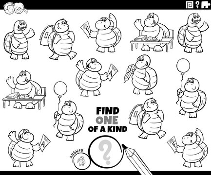 one of a kind task with cartoon turtles coloring book page