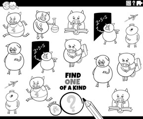 one of a kind task with comic piglets coloring book page