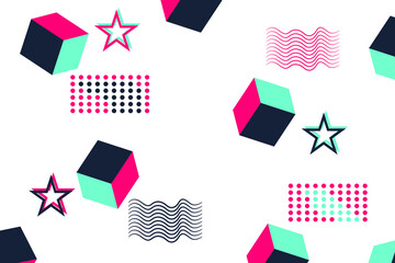 Abstract background with different objects. Multicolored cubes on a white background. Youth background in disco style. 