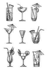 Vector hand drawn collection of cocktails on white background.