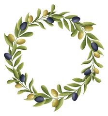 Hand drawn isolated olive wreath. Olive branches illustration composition. Olives wreath. Botanical illustration. Olives arrangement circle frame. 