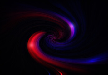 Abstract dark swirl background with red, blue and purple lines. Blurred and dynamic spiral...