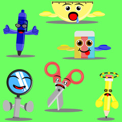 Illustration vector graphic cartoon character of stationery supplies such as pencil, pen, ruler, eraser, scissor and magnifying glass