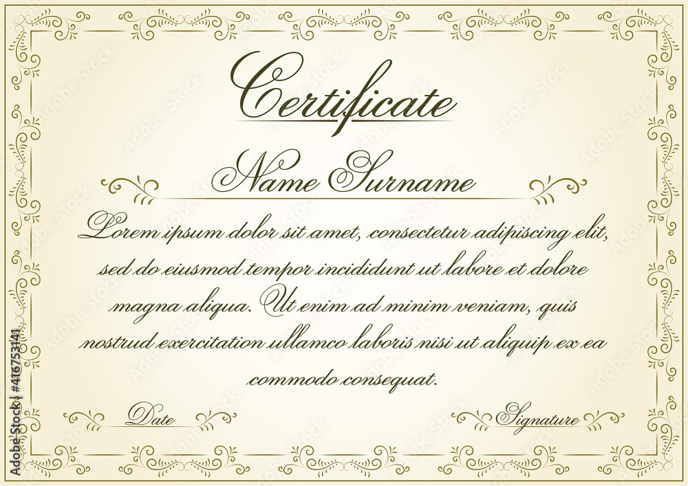 Fototapete a4 size vintage style certificate vector design with vintage frame and swirl elements. this retro ce