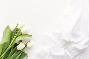 white tulip bouquet and fabric for mock up design on white background