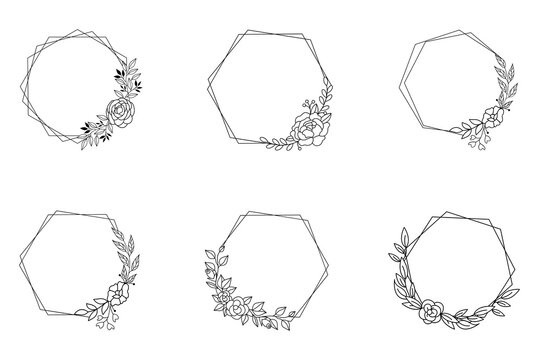 Floral Hexagon Circle Frame Vector Set Illustration