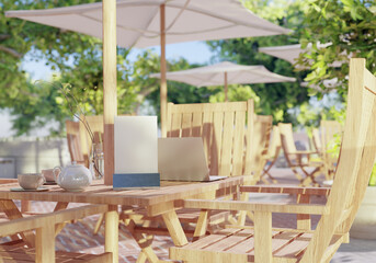 Fototapeta premium blank mockup mrnu on wooden table ouydoor. 3d rendering