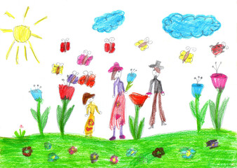 Drawing of a happy family on a walk outdoors. Pencil art in childish style