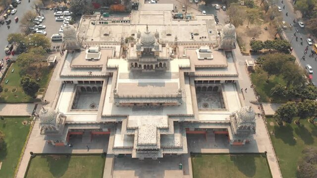 Albert Hall Museum Architecture marvellous in the center of Jaipur, Rajasthan, India - Aerial Fly-over Tilt-down reveal