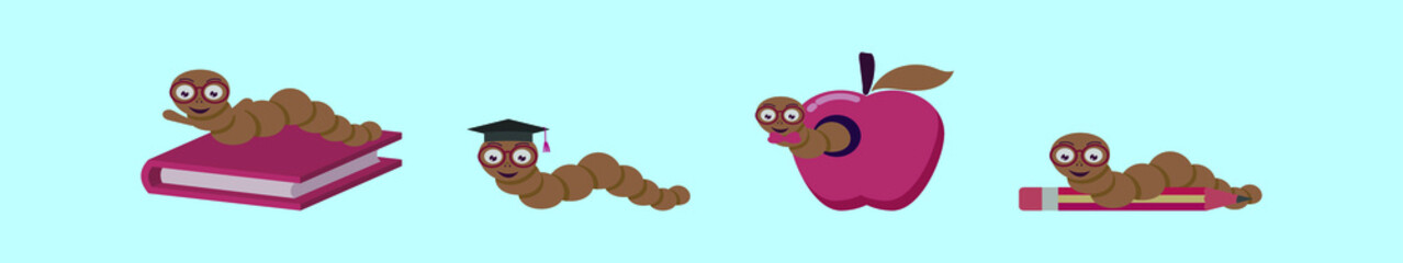 set of bookworm cartoon icon design template with various models. vector illustration isolated on blue background