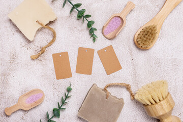 Natural Ingredients for Homemade Body and Face Care Natural Clay Soap Face Brushes Body Salt Scrub Beauty Concept Skincare Anti-Cellulite Aroma Spa Therapy Copy Space Still Life Top View