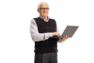 Mature man holding a laptop computer and looking at camera