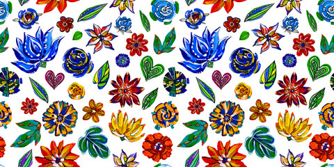Obraz premium Illustration seamless pattern of acrylic colorful drawing flowers on white isolated background