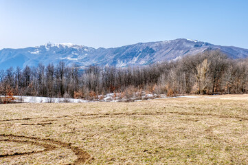 Panorama of the mountains surrounding the village of Brallo (Lombardy, Northern Italy, Pavia Province), village in the hilly area of Oltrepo Pavese; in the background the Lesima and Chiappo peaks.