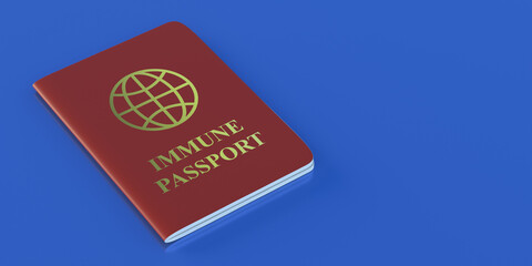 Immunity passport, coronavirus travel document red color on blue background, 3d illustration