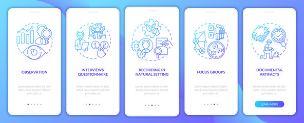 Focus group onboarding mobile app page screen with concepts. Interview and questionnaire of people walkthrough 5 steps graphic instructions. UI vector template with RGB color illustrations