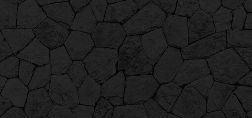 Panorama of Building exterior black granite block wall texture and background seamless