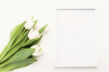 white tulip bouquet and blank frame for mock up design on white background