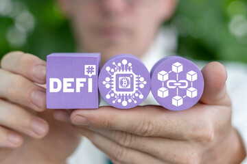 Concept of DeFi - Decentralized Finance. Blockchain technology, decentralized financial system.