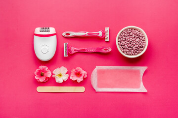 Pattern of epilation means - epilator, wax strips and razor. Spa cosmetic treatments.
